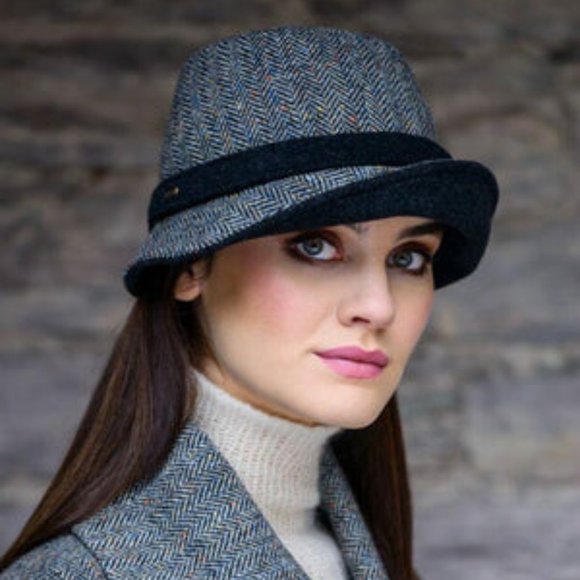 New Herringbone Fold Brim Wool Bucket Hat Black Gray Made in Ireland - Picture 2 of 8